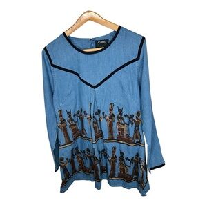 Vintage As Hro Egyptian Art To Wear Denim Top Size Large Painted Hand Woven